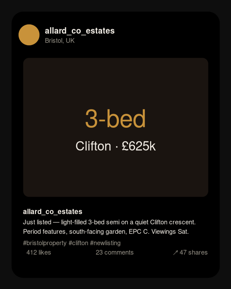 Sample Instagram post generated by Kivyu for an estate agent
